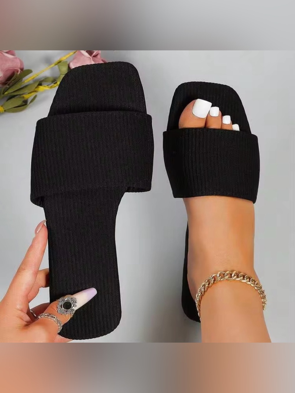 Ribbed Black Slide Sandals for Women - Minimalist Everyday Slides